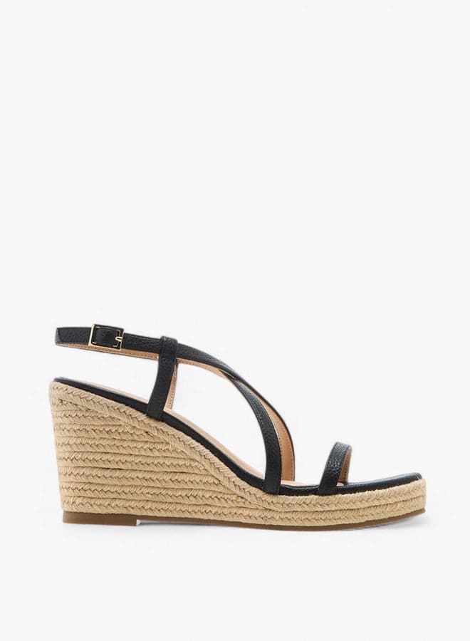 LS13085 23Black Textured Cross-Strap Wedge Sandals - Image 1