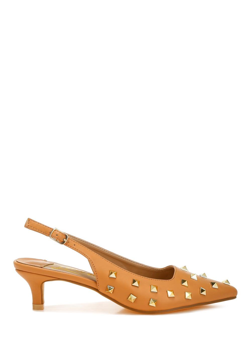 Sh5199 Tan Stud-Embellished Kitten Heels for Chic Elegance - Image 1