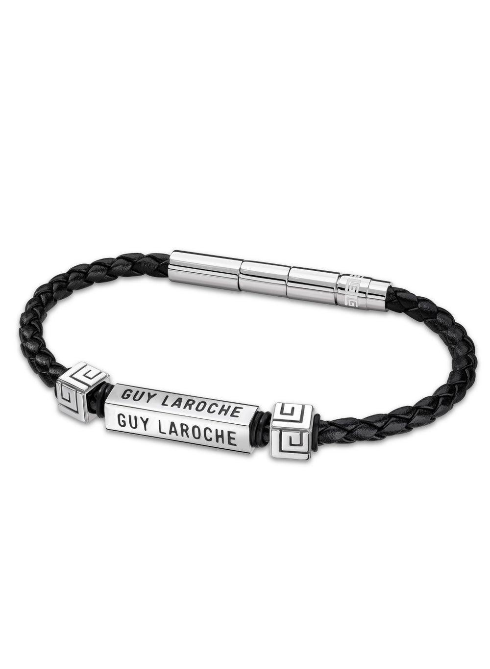 Guy Laroche Jean Men's Black Leather & Stainless Steel Bracelet - Image 1