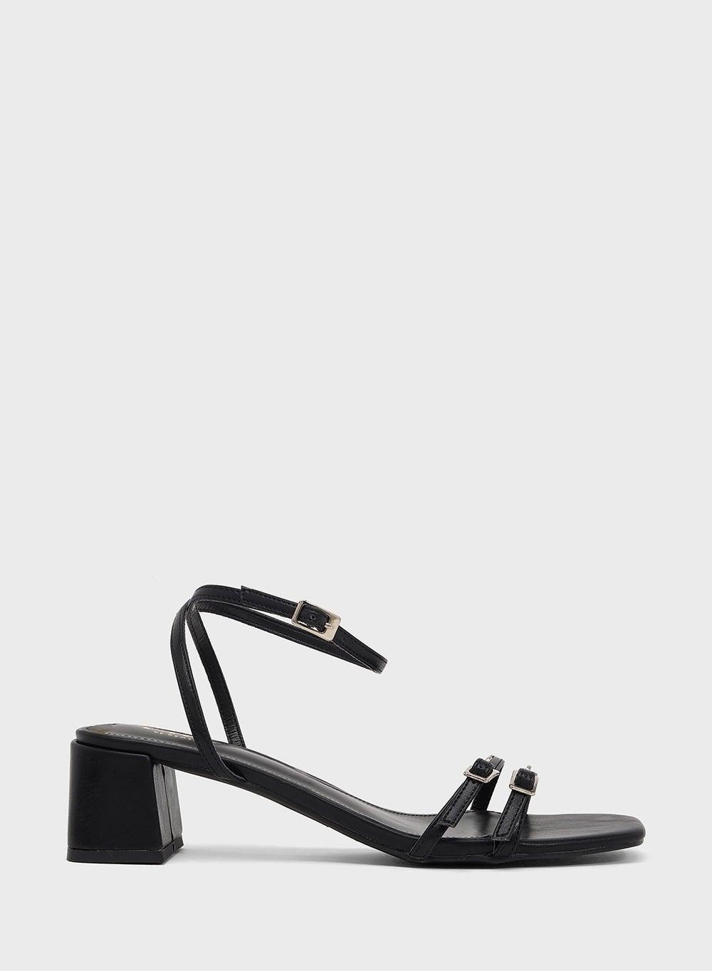 Elegant Double Strap Block Heel Sandal in Black PU - Image 1