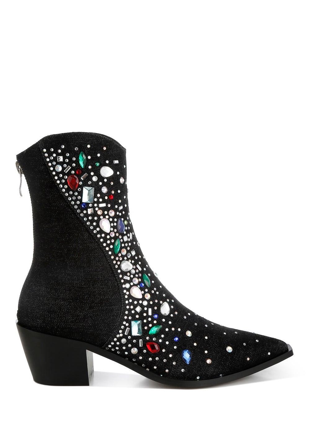 SH5326 Black Denim Ankle Boots with Multicolor Stone Accents - Image 1