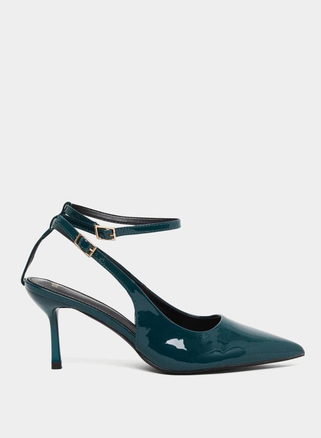 Dark Green Stiletto Heel Sandals with Ankle Strap - Image 1