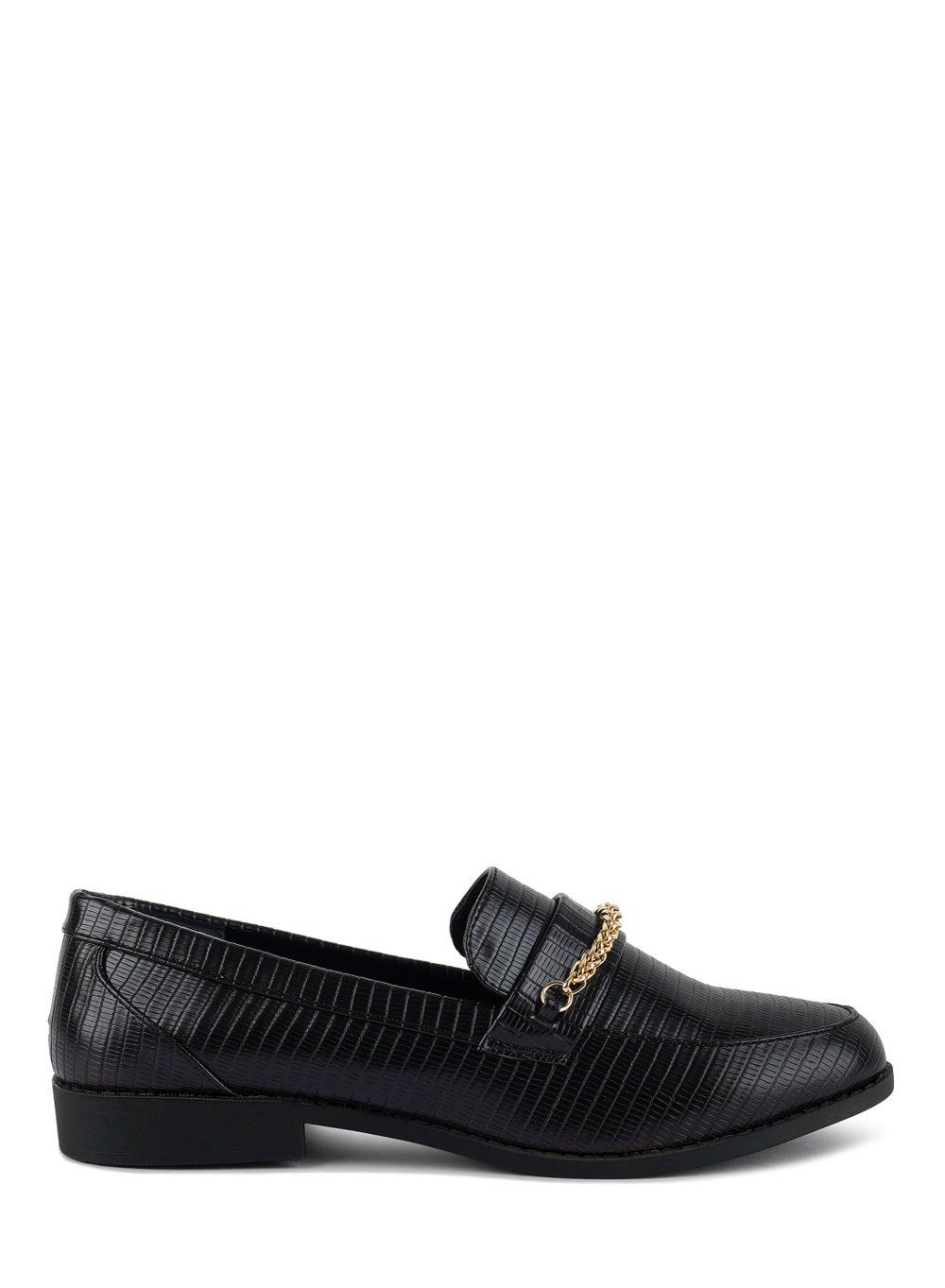 Sh2902 Black Golden Chain Embellished Low Block Loafers - Image 1