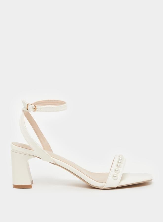 Elegant White Faux Pearl Ankle Strap Block Heel Sandals - Image 1