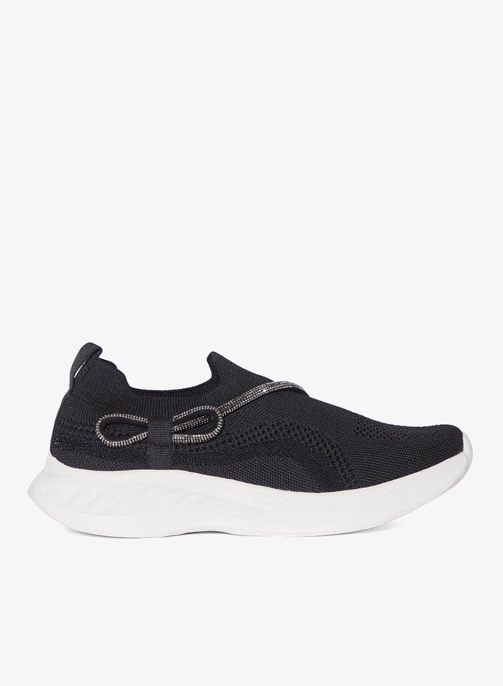 Elegant Diamante Bow Slip-On Sneaker A09 in Black - Image 1