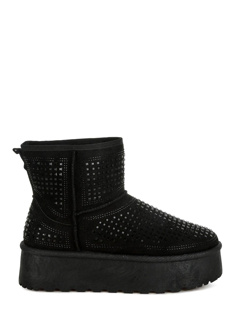 Sh4884 Black Chunky Rhinestone-Embellished Ankle Boots - Image 1