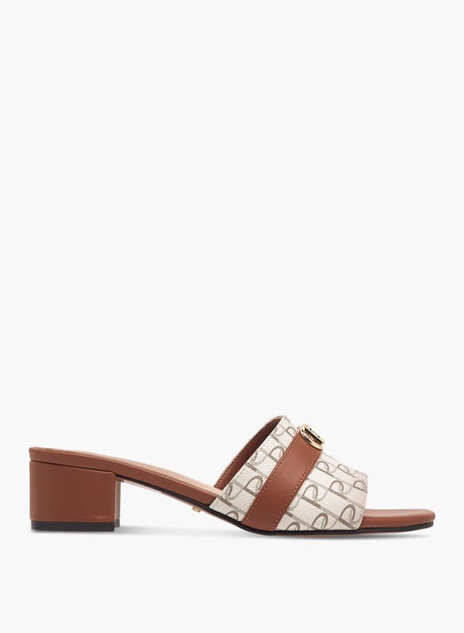 Elegant Monogram Print Block Heel Mules J00056 066Tan - Image 1