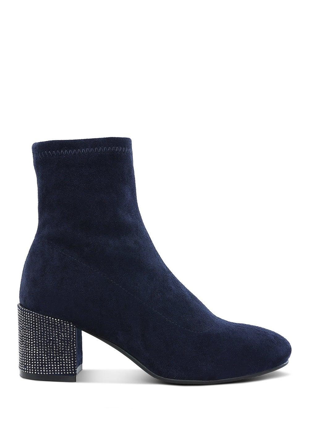 Navy Rhinestone Embellished Block Heel Ankle Boots SH5298 - Image 1