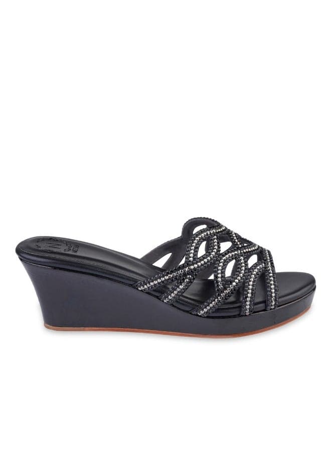 STINA Black Leather Wedge Heeled Sandals - Image 1