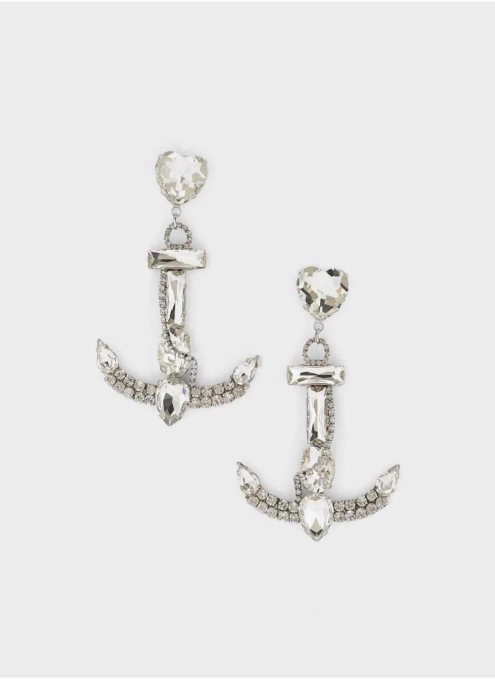 Anita's Elegant Silver Anchor Rhinestone Drop Earrings - Image 1