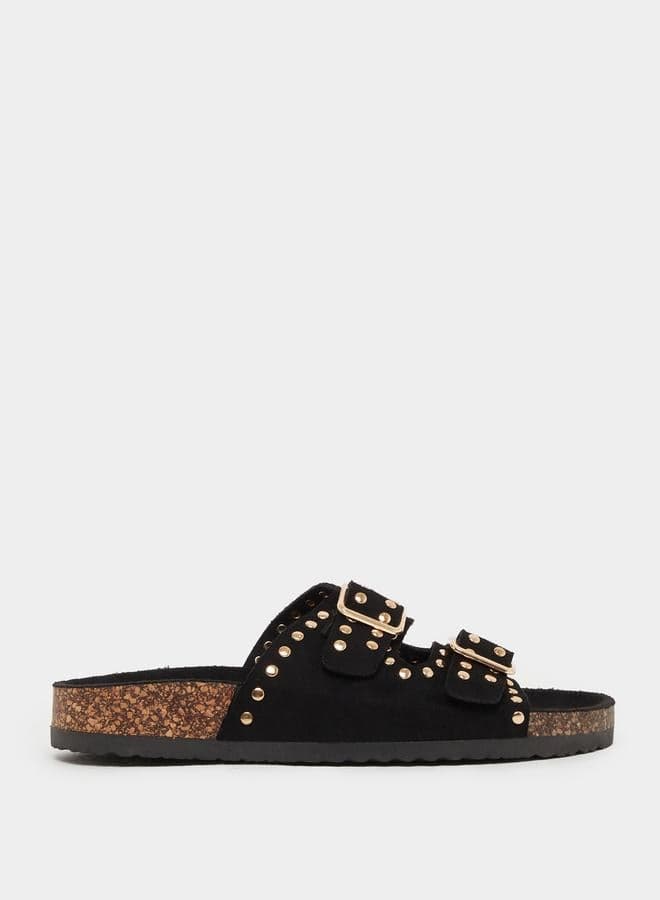 Chic Studded Black Open Toe Flat Slides for Women - Image 1