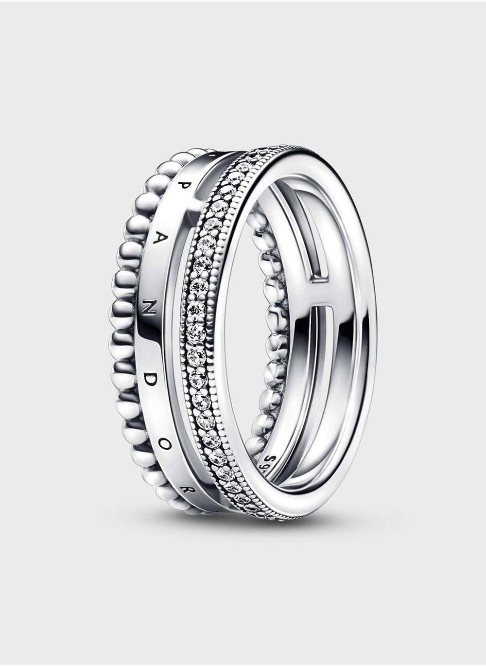 PANDORA Signature Silver Logo Pavé & Beads Ring - Image 1