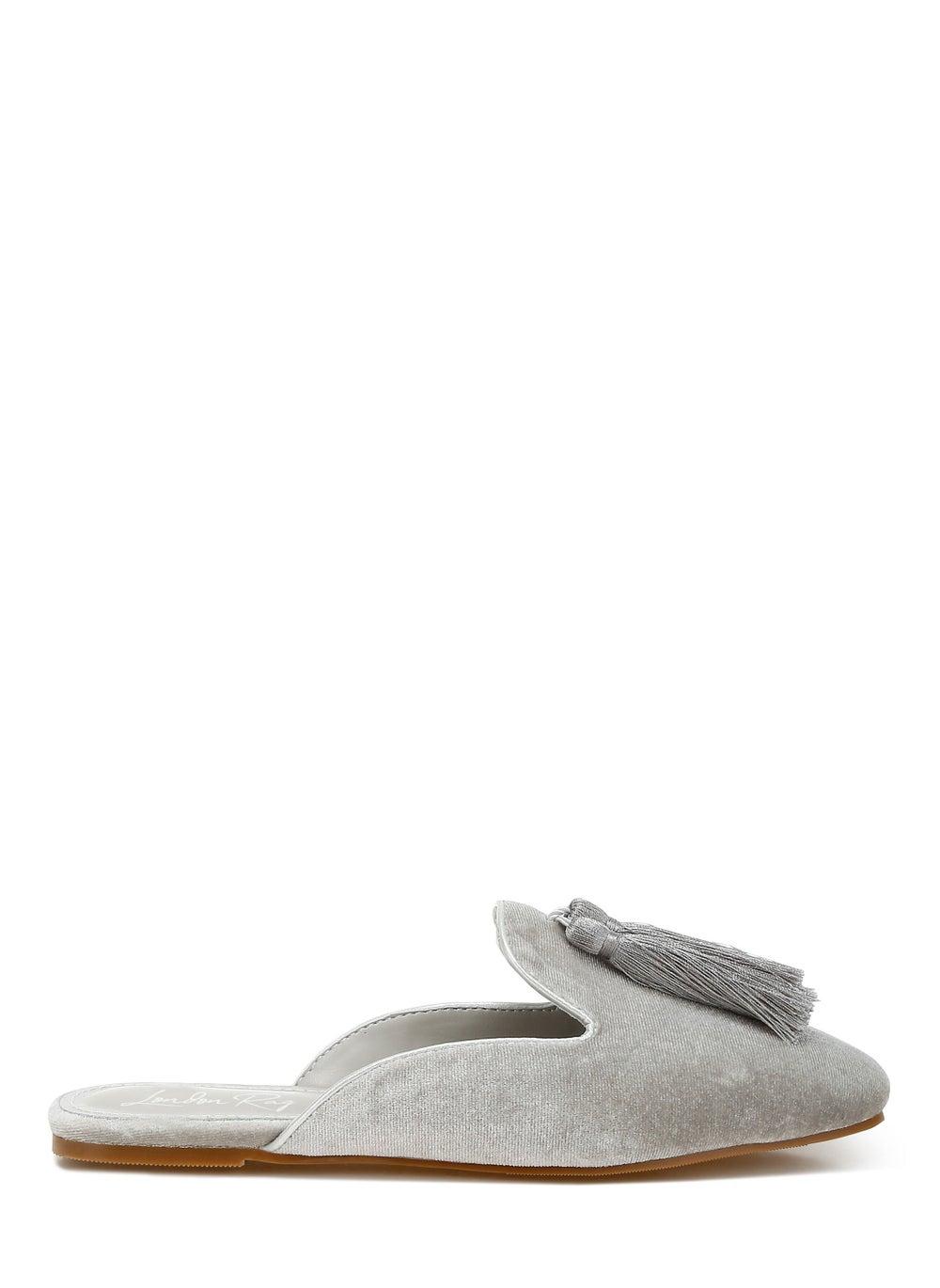 Sh5124 Silver Velvet Mules with Elegant Tassel Detail - Image 1
