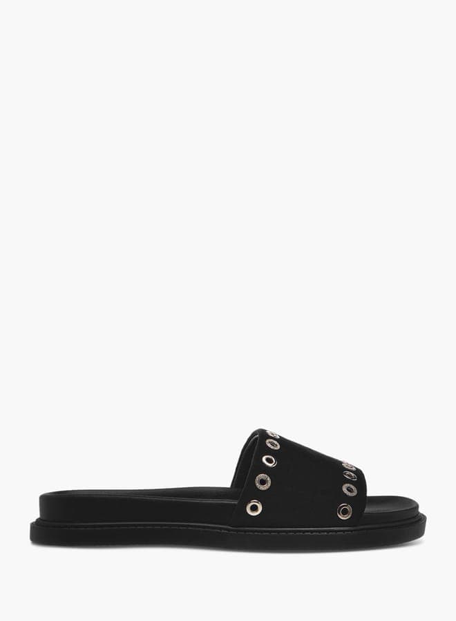 Elegant Eyelet Detail Slide Sandals for Women 24004 1Black - Image 1