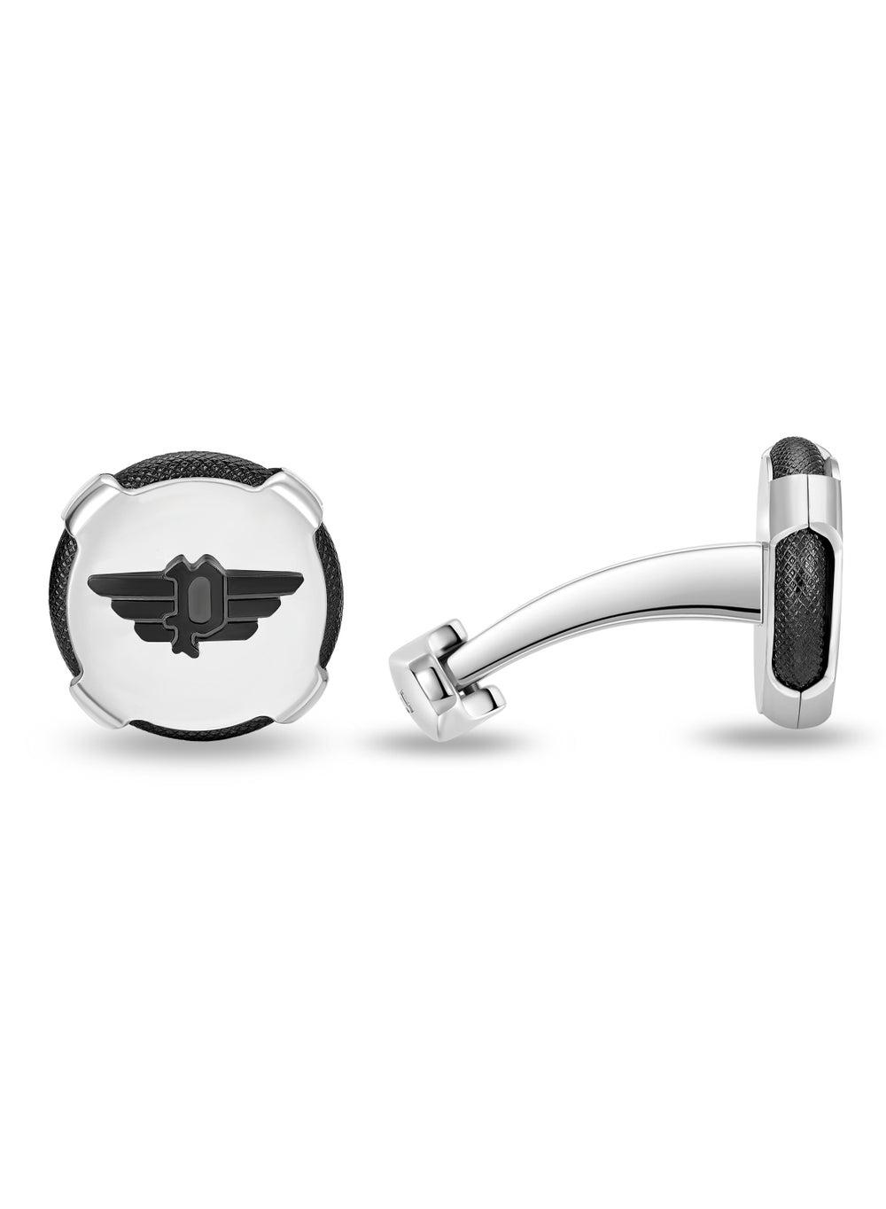 POLICE Knurl Stainless Steel Cufflinks with Black Wings Logo - Image 1