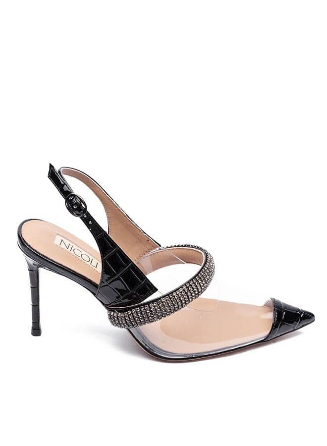 AMADA Black Leather Heeled Sandals with Embellished Design - Image 1