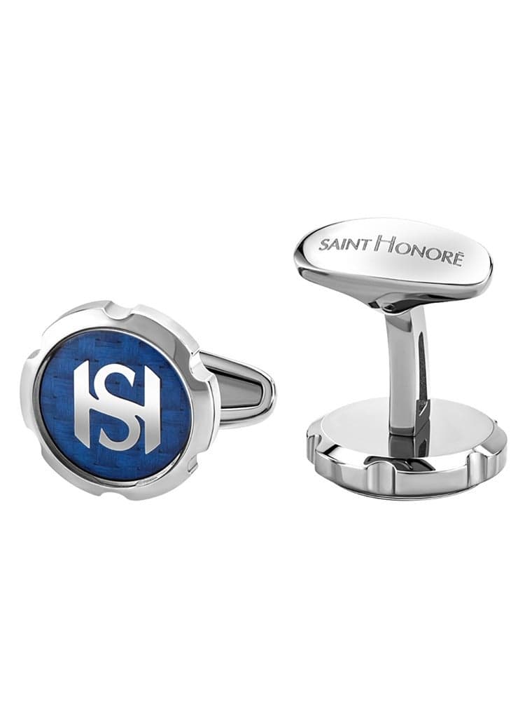 Saint Honore Paris Silver Cufflinks: Blue & Grey Logo Elegance - Image 1