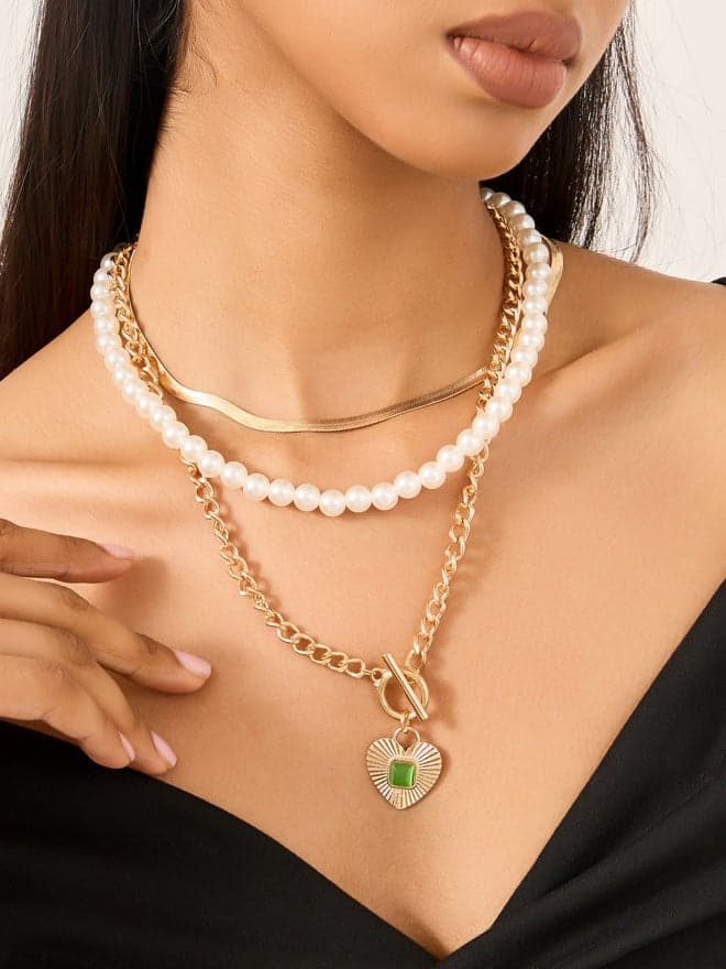 Elegant Styli Layered Pearl & Chain Necklace Set - Image 1