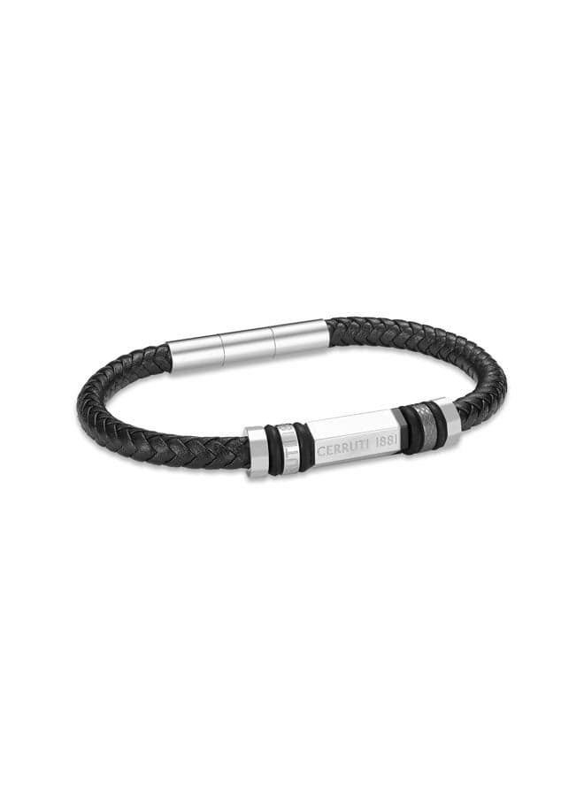 CERRUTI 1881 Narciso Silver & Black Leather Bracelet for Men - Image 1