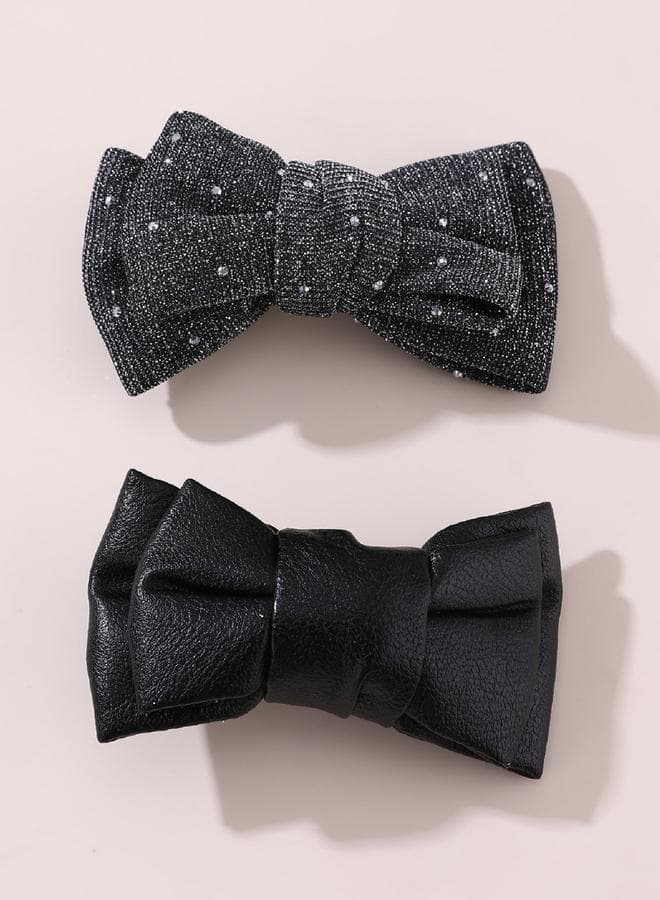 Elegant Black Textured Bow Hair Clip Duo - Image 1