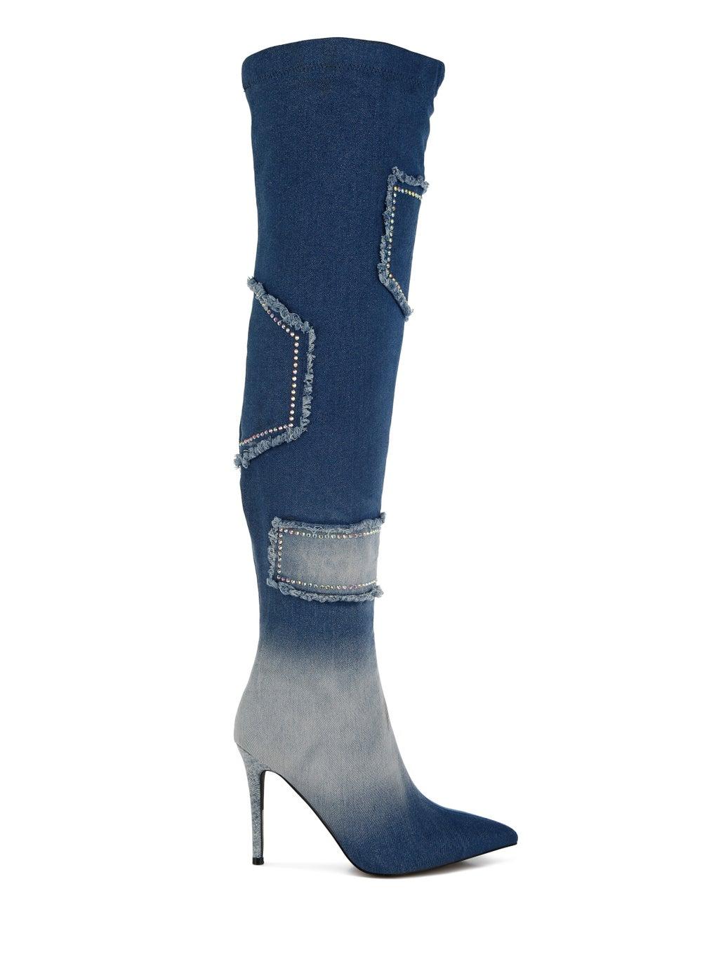 Sh5080 Dark Blue Rhinestone Studded Knee High Denim Boots - Image 1