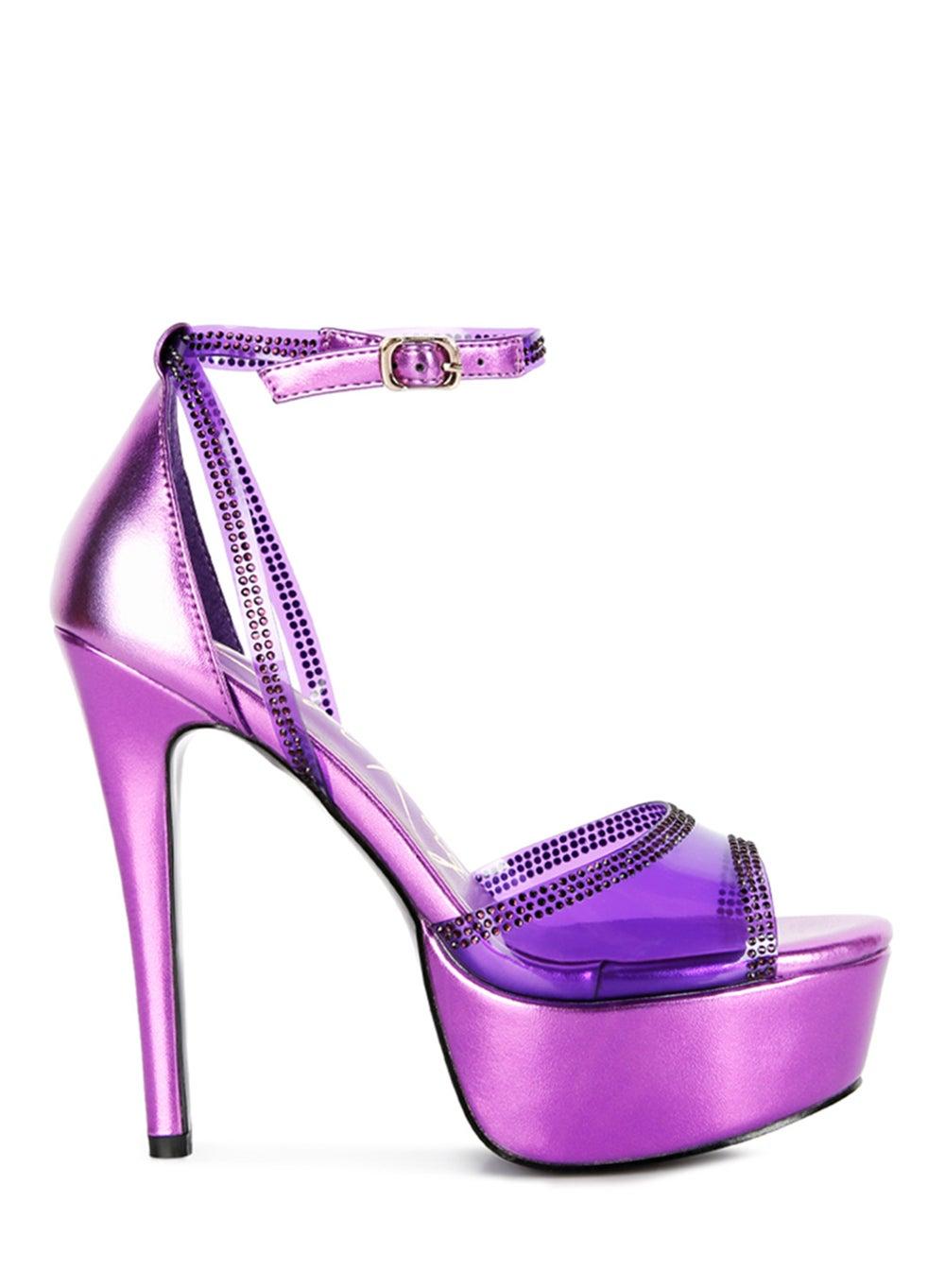 Sh3884 Purple Diamante Stiletto Platform Evening Sandals - Image 1