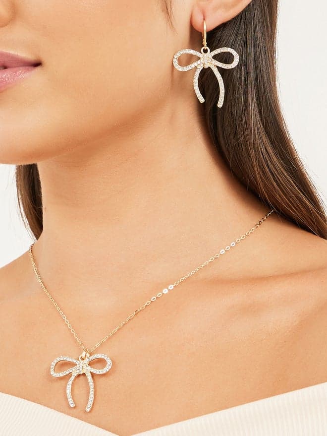 Styli Dazzling Bow Pendant & Hoop Earrings Set - Jewel Elegance - Image 1