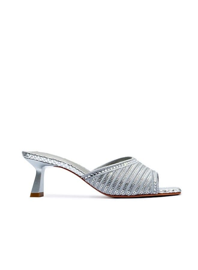 AVERSA Silver Crystal Embroidered Heeled Sandals - Image 1
