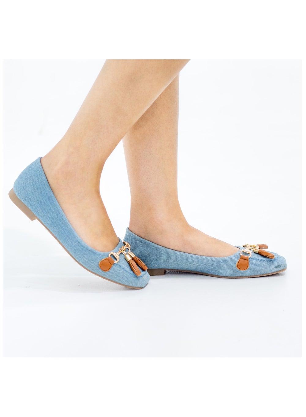 Laurel Blue Faux Leather Flats with Tassel Trim - Image 1