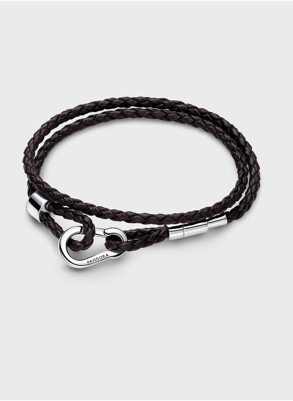 PANDORA Moments Double Braided Leather Bracelet, Brown - Image 1