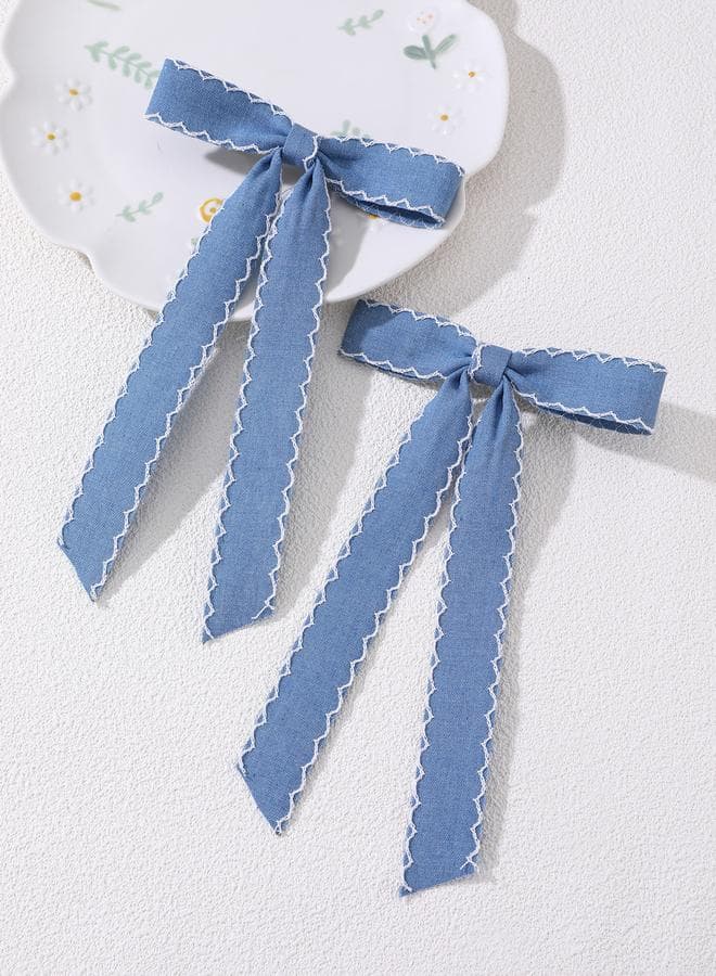 Elegant Blue Solid Bow Hair Clips - Set of 2 - Image 1