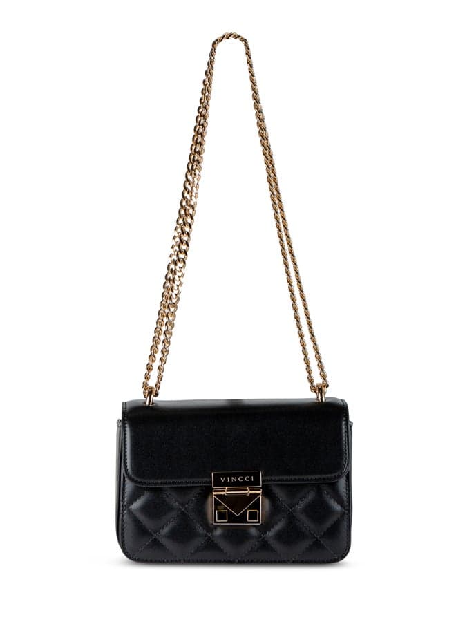 Vincci Elegance: Black Quilted Shoulder Bag with Chain Strap - Image 1