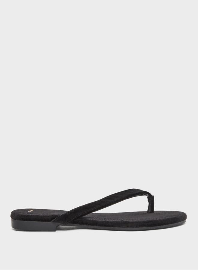 Styli Black Velvet Look Flat Sandals - Elegance Redefined - Image 1