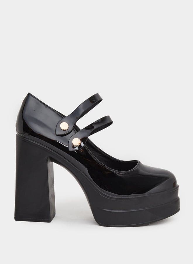 Elegant Styli Black Double Strap Block Heel Pumps - Image 1