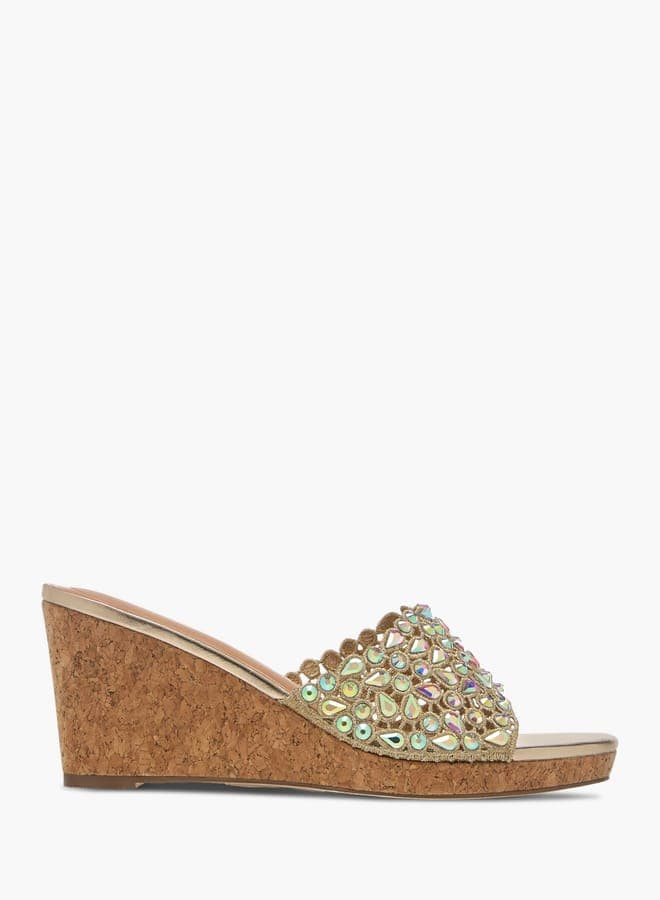 J00412 020Gold Luxe Diamante Wedge Sandals for Women - Image 1