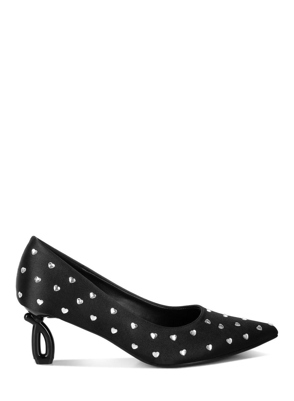 Sh5342 Black Heart-Shaped Rhinestone Satin Pumps - Image 1