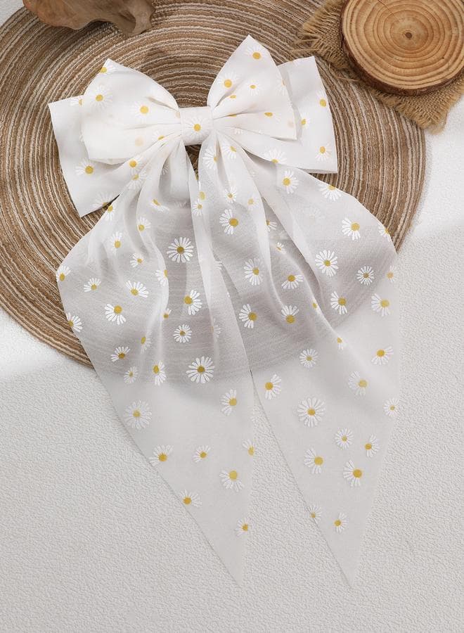 Elegant White Daisy Floral Bow Hair Clip - Image 1