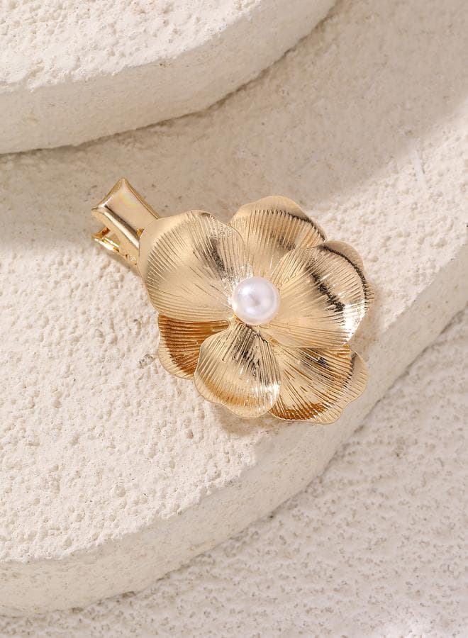 Elegant Gold Flower Hair Clip with Faux Pearl Take Two - Image 1