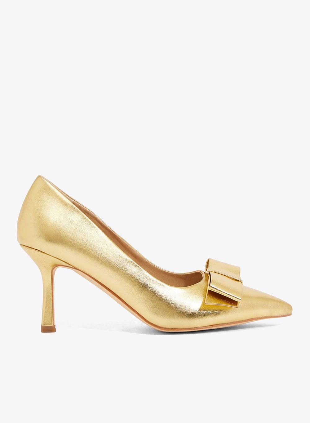 Elegant Gold Bow-Adorned Mid-Heel Pumps, Style No: MH16 - Image 1