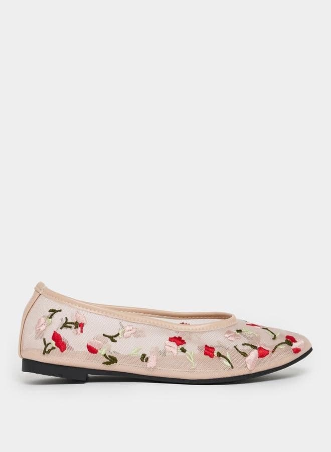 Styli Beige Embroidered Floral Mesh Slip-Ons 7011571702 - Image 1