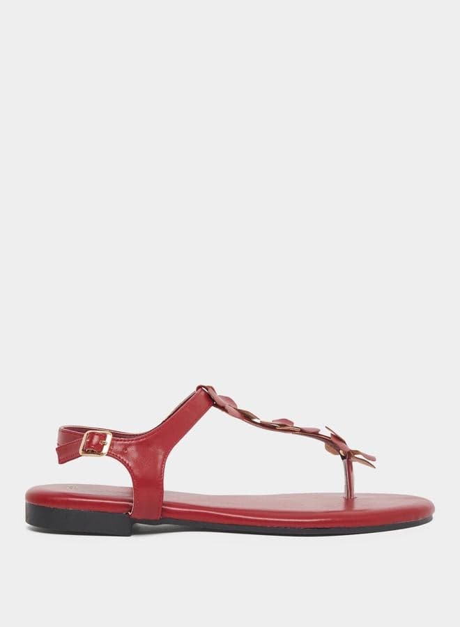 Elegant Burgundy Floral Detail Flat Sandals - Image 1