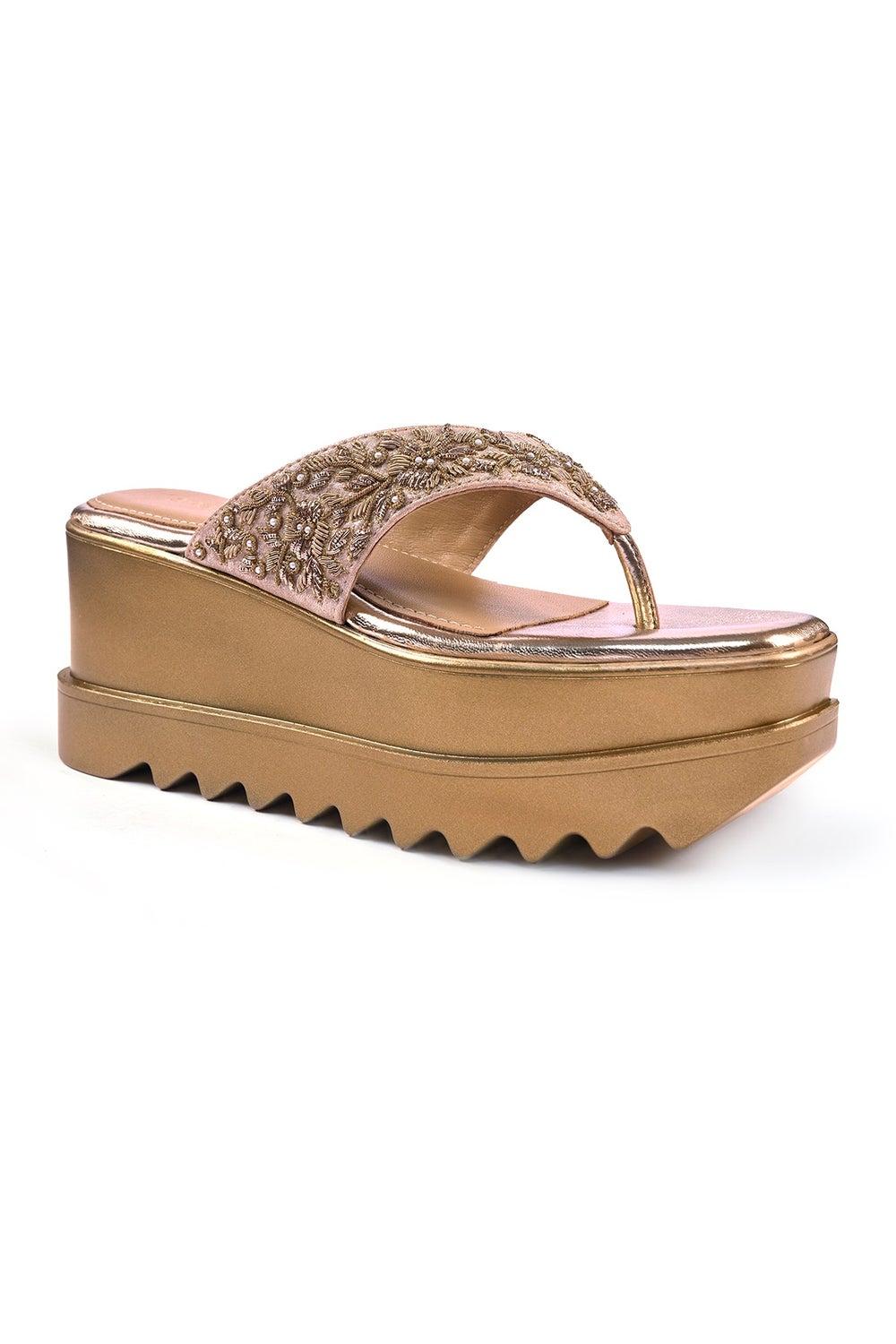 Anaar Stardom Gold Satin Embroidered Wedge Sandals - Image 1