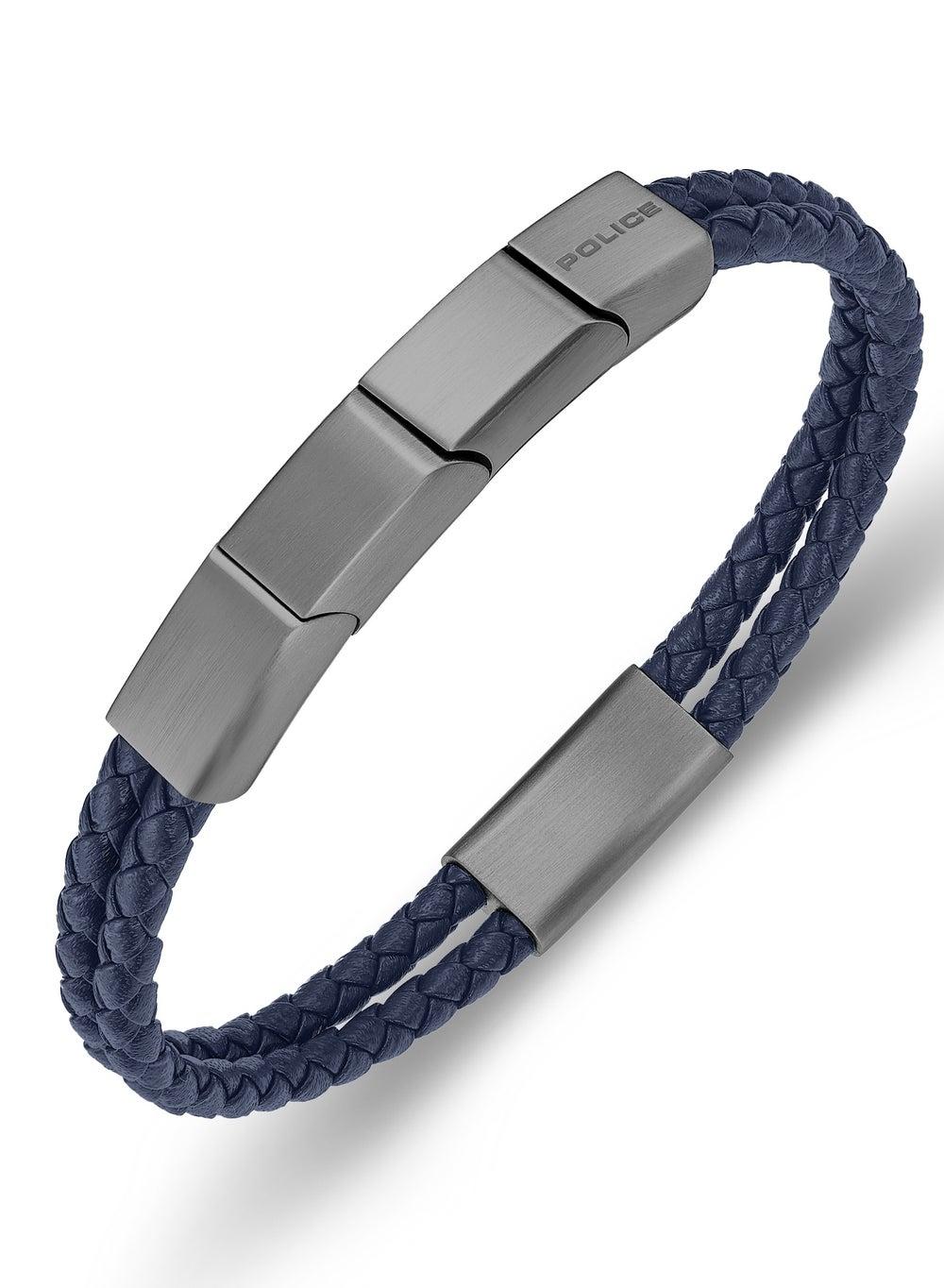 POLICE Parallel Navy Blue Leather & Steel Bracelet for Men - Image 1