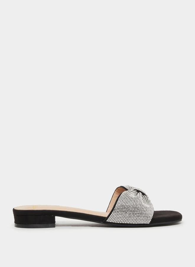 7011846501Black Luxe Embellished Ribbon Flat Sandals - Image 1