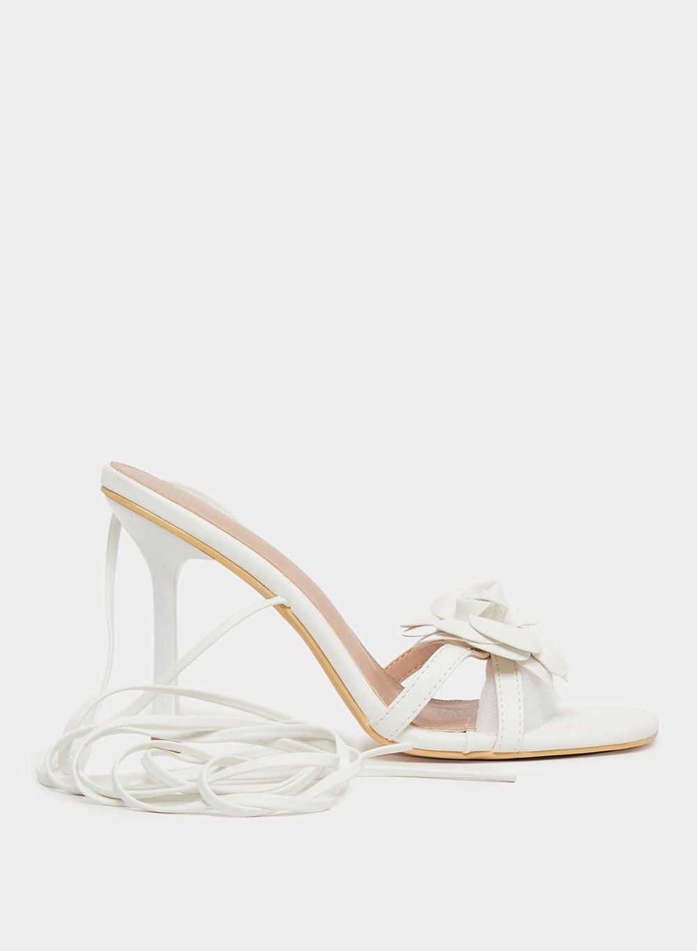 Styli Bow Detail Slingback Stiletto White Heel Sandals - Image 1