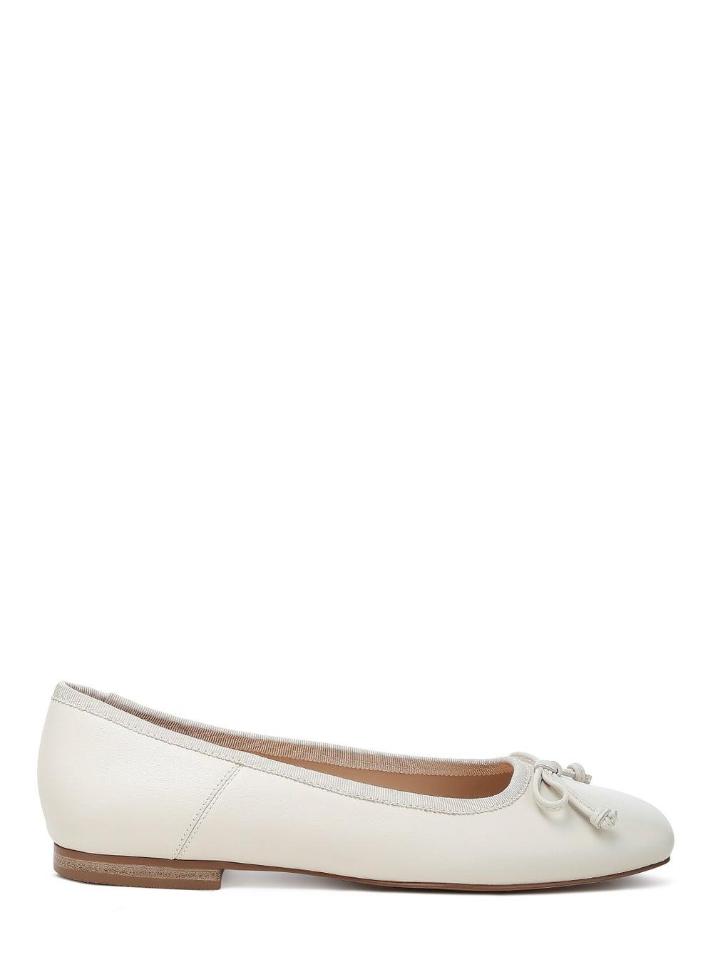 Sh4890 Beige Square-Toe Leather Bow Ballerinas - Image 1