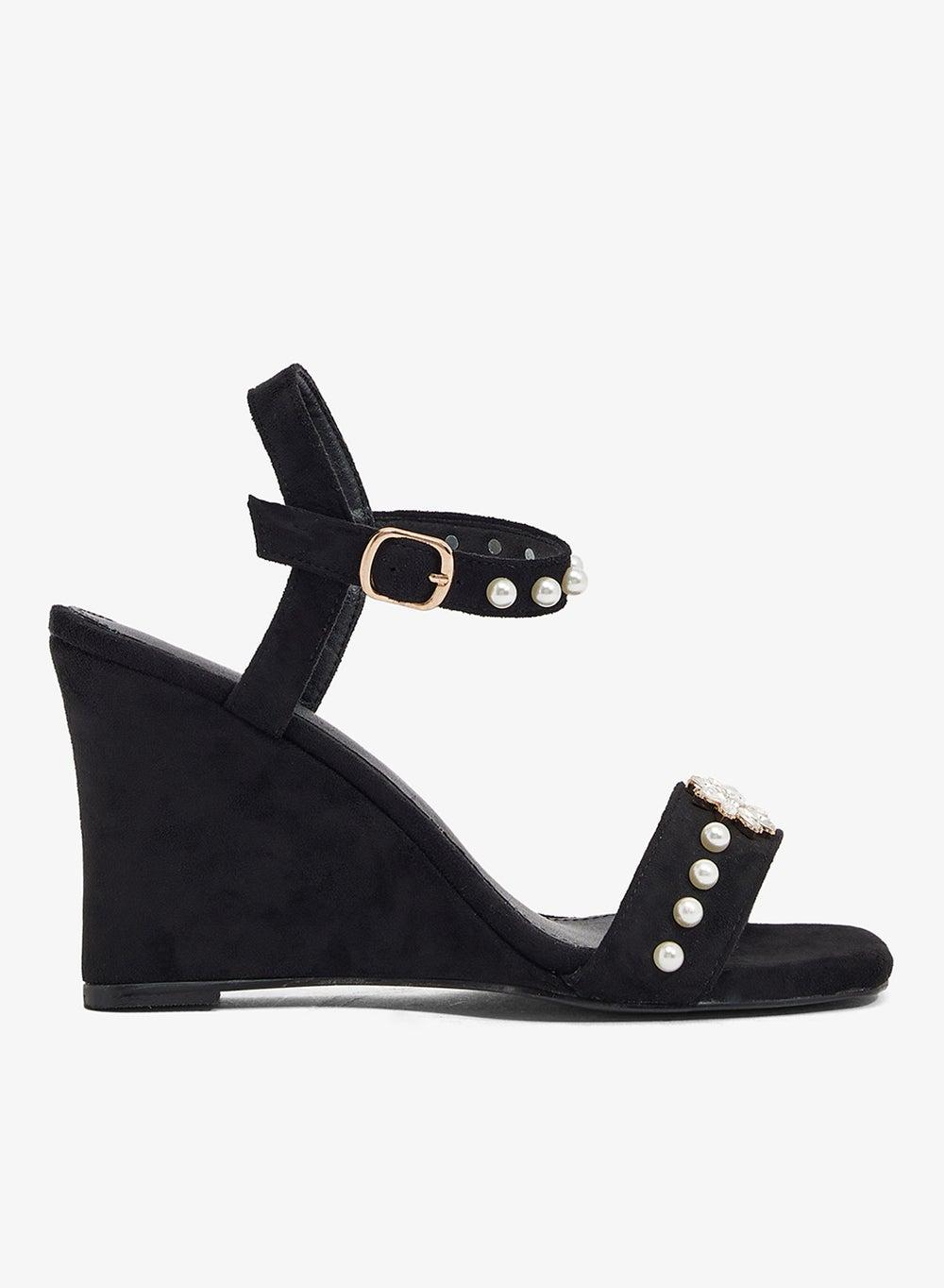 Elegant Black Pearl-Strap Wedge Sandal Mh28 - Image 1