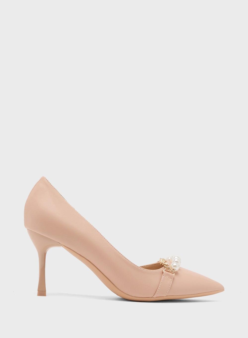 Elegant Nude High Heeled Pump Adorned with Pearls - Image 1