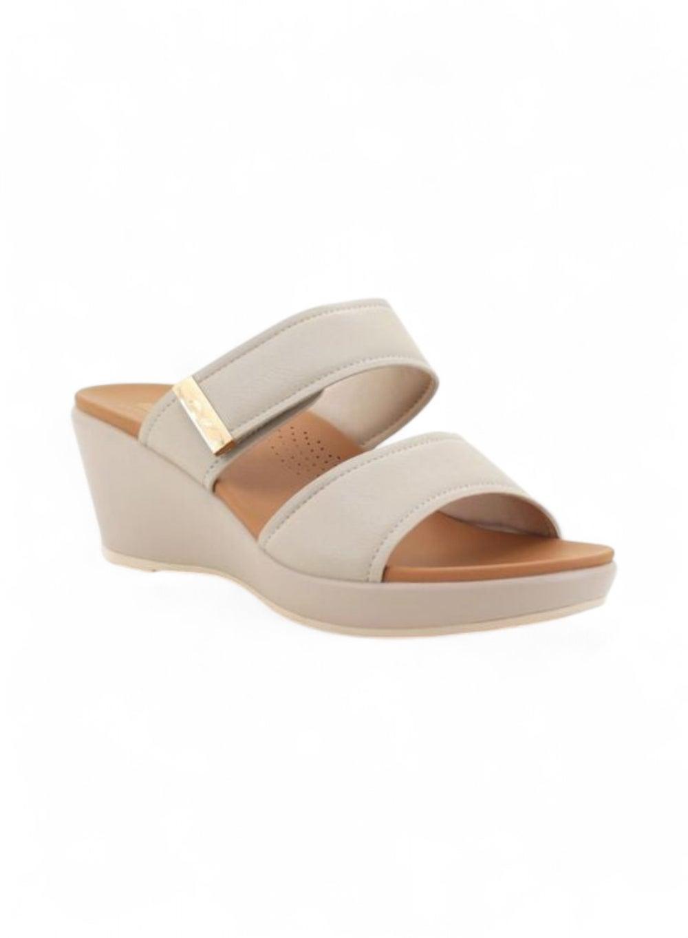 Chic Bata Beige Cross-Strap Low Wedge Sandal - Image 1