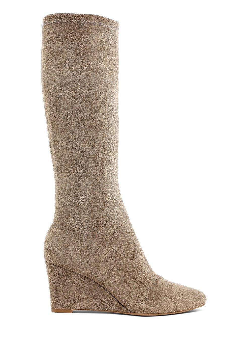 Taupe Sh5296 Microfiber Wedge Knee Boots - Image 1